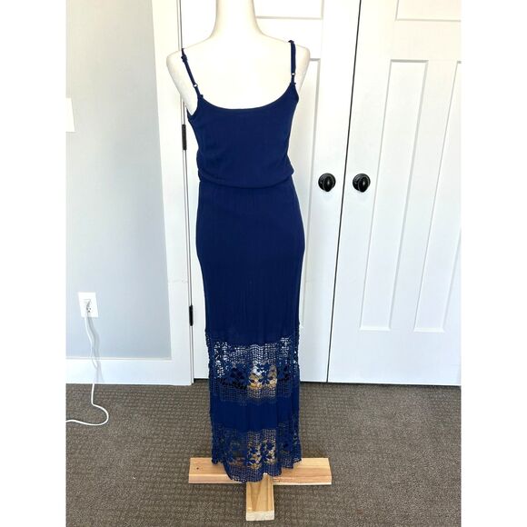 Allison Brittney Navy Crepe Tank Maxi Dress with Lace Details Size S - Picture 3 of 9